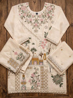 Ivory Cream Silk Palazzo Pants Embroidered Hem Border Detail