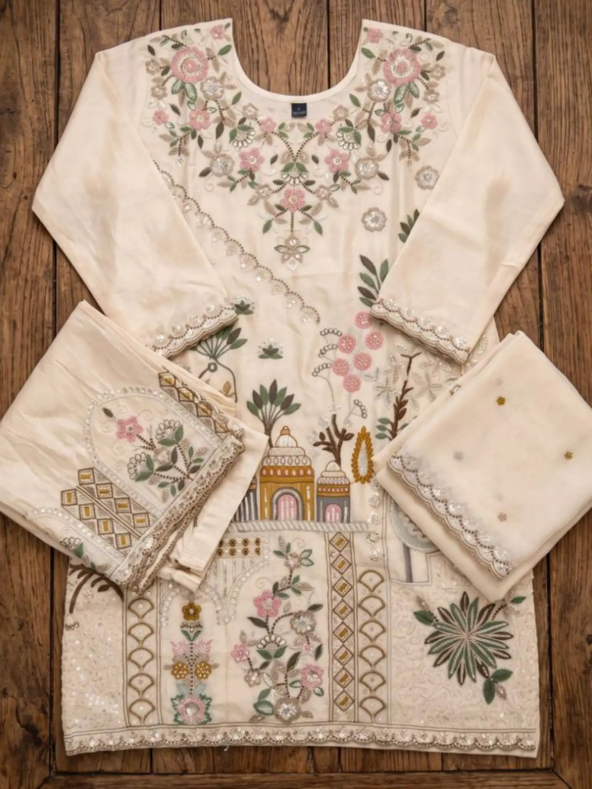 Ivory Cream Silk Palazzo Pants Embroidered Hem Border Detail