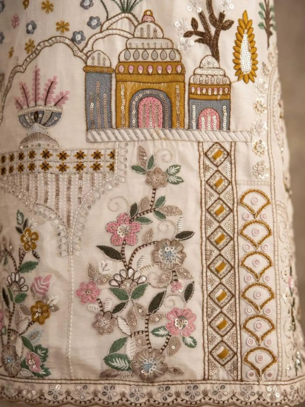 Ivory Cream Embroidered Silk Dupatta Drape and Edging