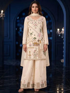 Ivory Cream Embroidered Silk Palazzo Suit Set Full Front View