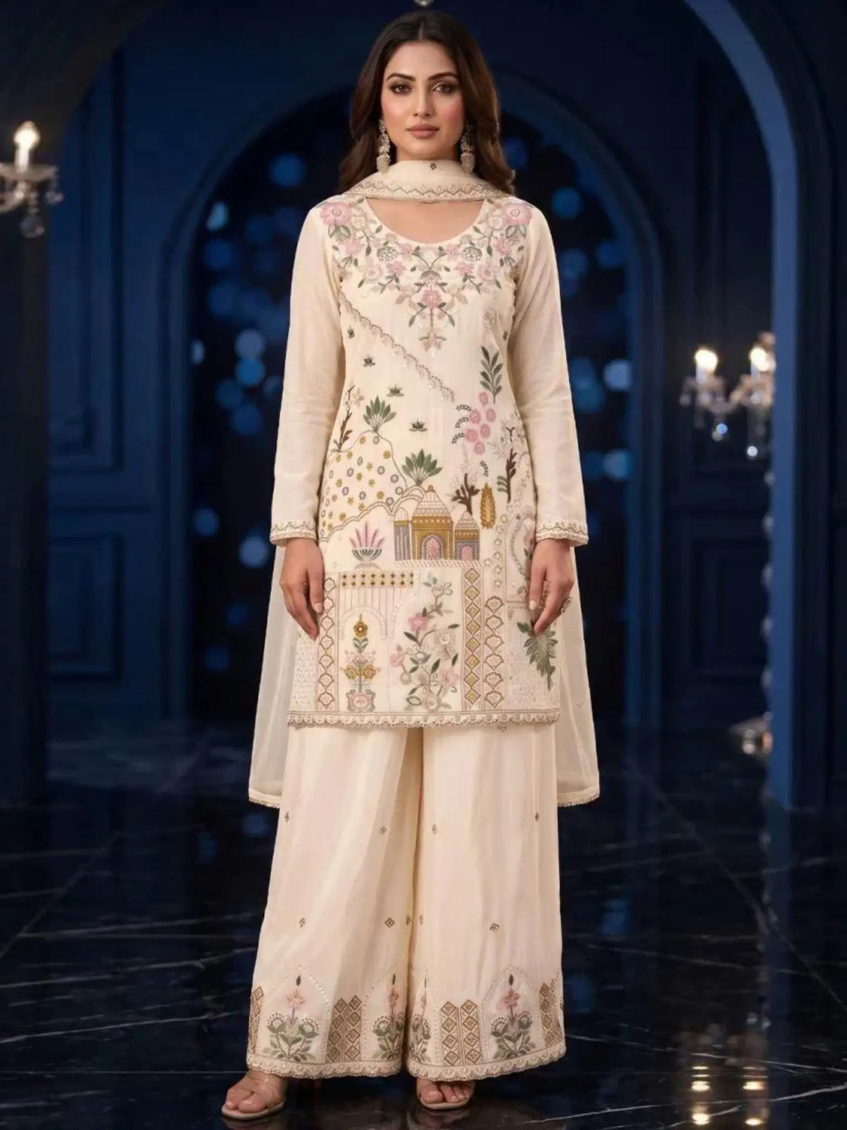 Ivory Cream Embroidered Silk Palazzo Suit Set Full Front View