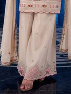 Champagne Beige Silk Kameez Pastel Resham Embroidery Close Up