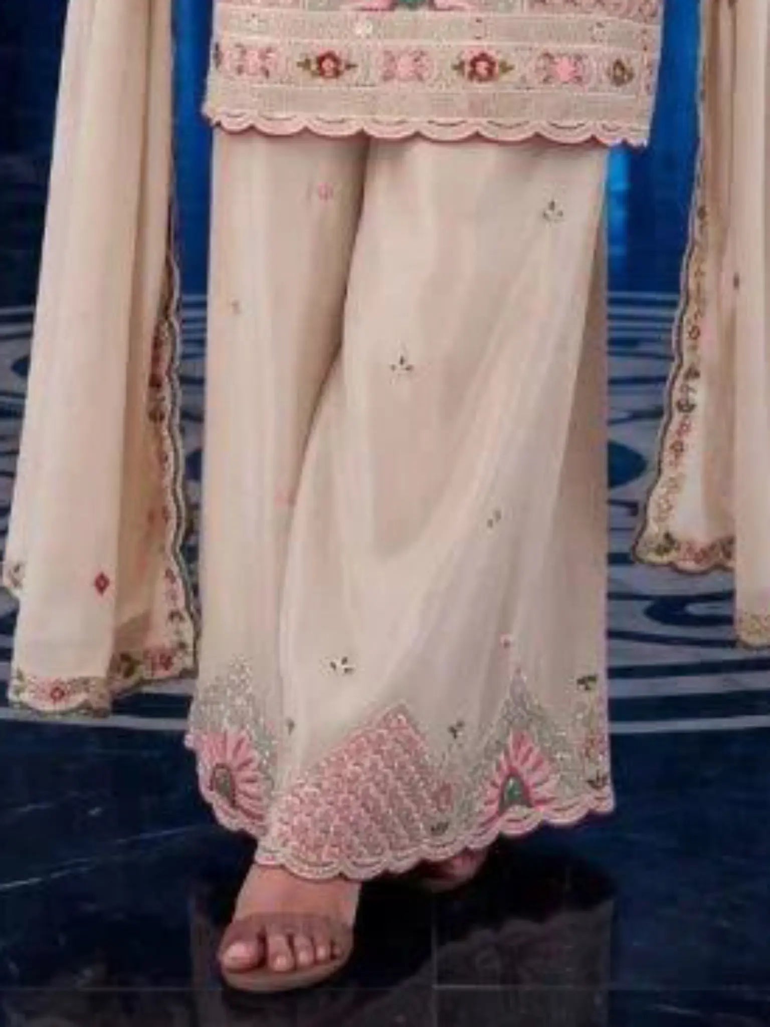 Champagne Beige Silk Kameez Pastel Resham Embroidery Close Up