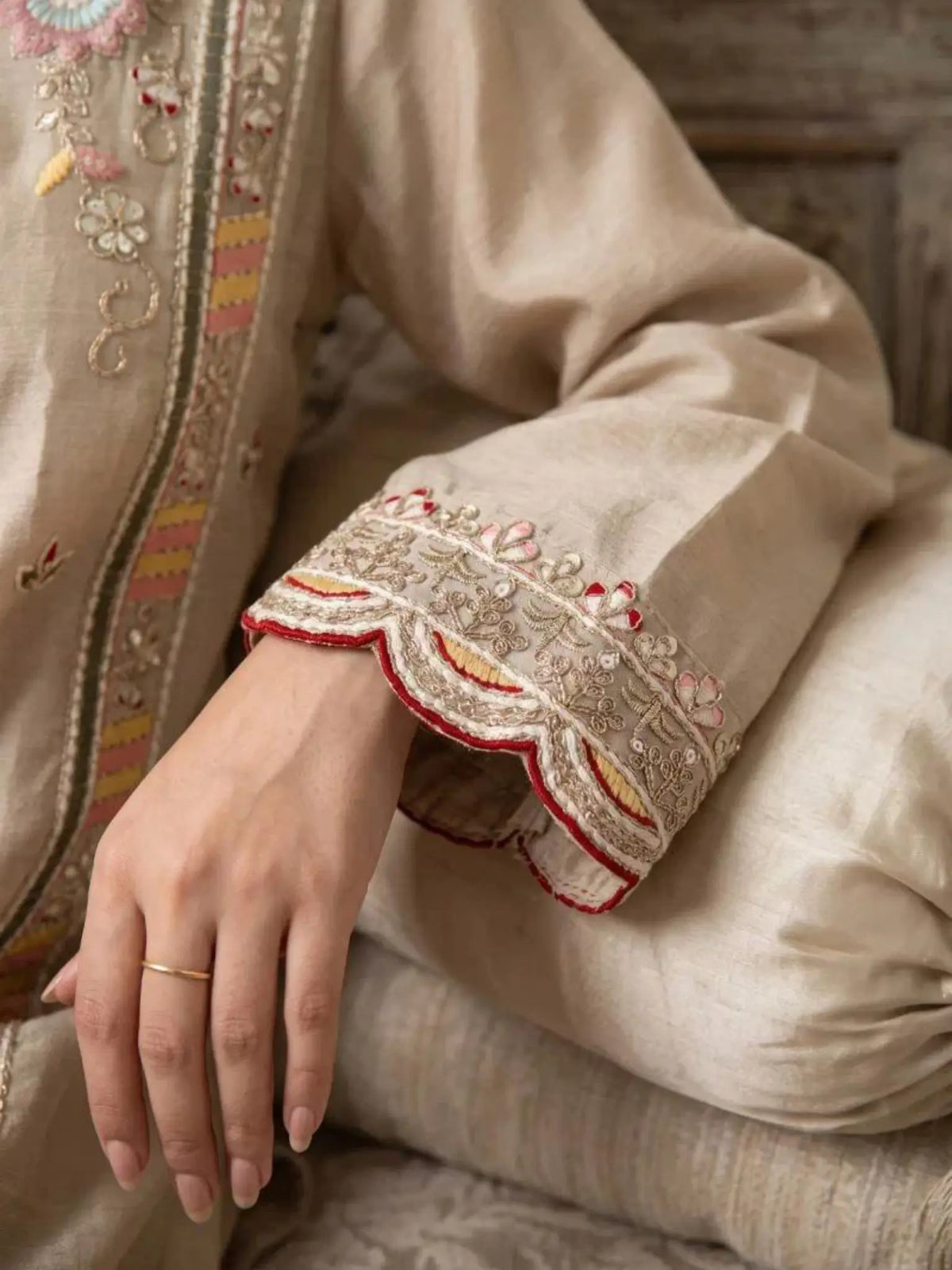 Champagne Beige Silk Palazzo Pants Scalloped Embroidered Cuff Detail