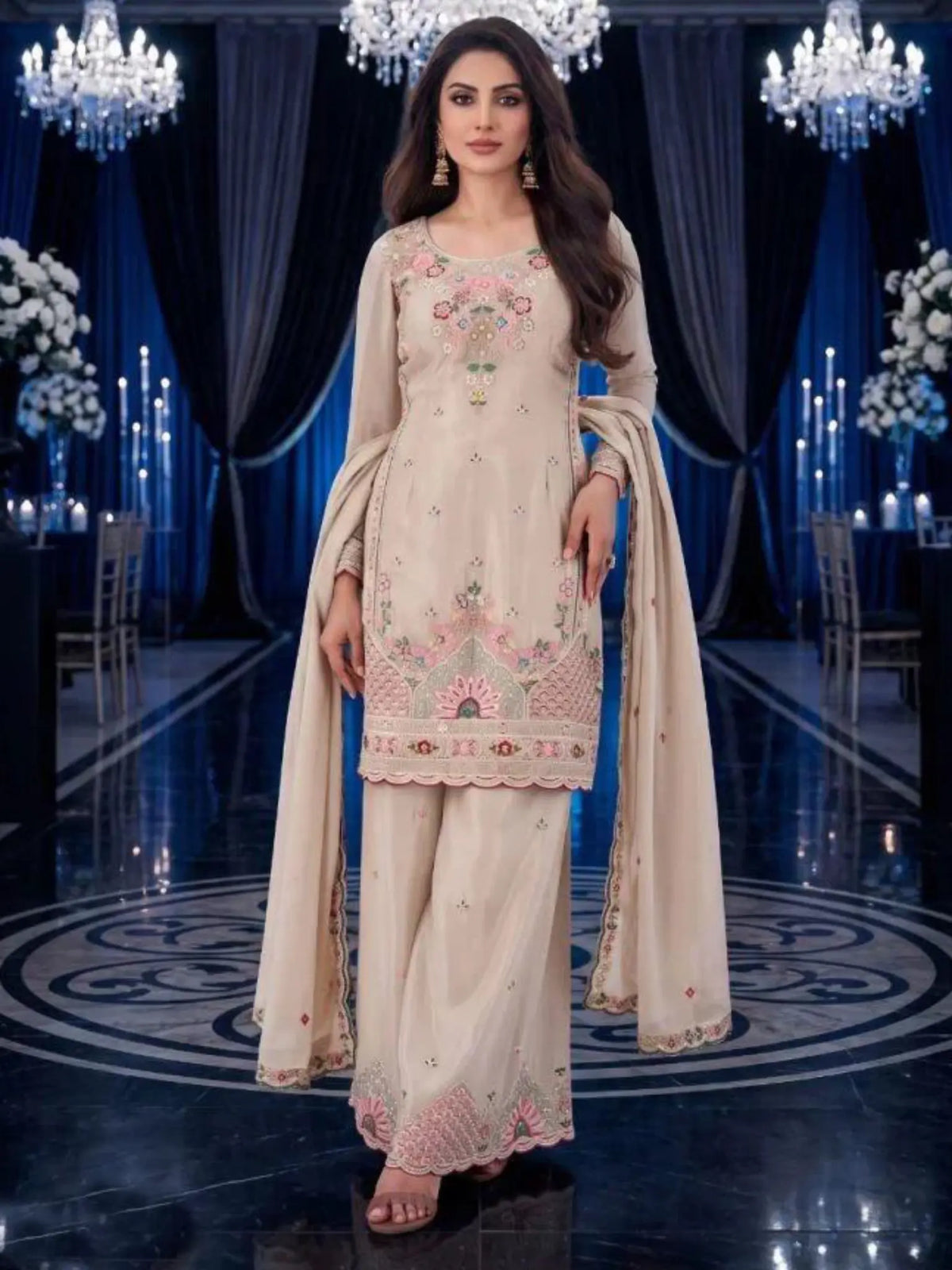 Champagne Beige Embroidered Silk Palazzo Suit Set Full Front View