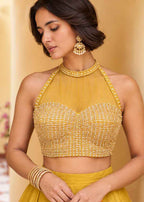 Intricate Sequence Work on Halter Crop Blouse of Blush Pink Lehenga - close-up view
