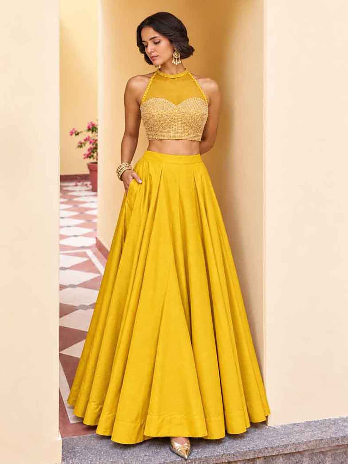 Blush Pink Roman Silk Halter Lehenga Choli Set front drape view - Naksh Creation