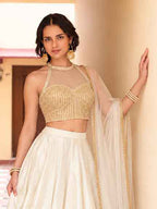 Intricate Sequence Work on Halter Crop Blouse of Mustard Yellow Lehenga - close-up view