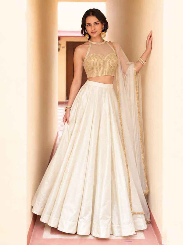 Mustard Yellow Roman Silk Halter Lehenga Choli Set front drape view - Naksh Creation
