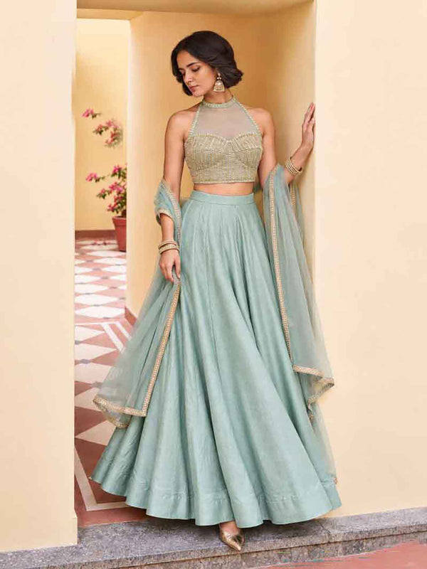Ivory White Roman Silk Halter Lehenga Choli Set front drape view - Naksh Creation