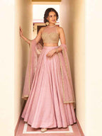 Mint Green Roman Silk Halter Lehenga Choli Set front drape view - Naksh Creation