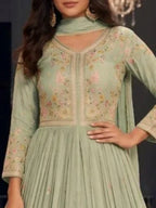 Sage Green Embroidered Bodice and Floral Resham Threadwork Detail