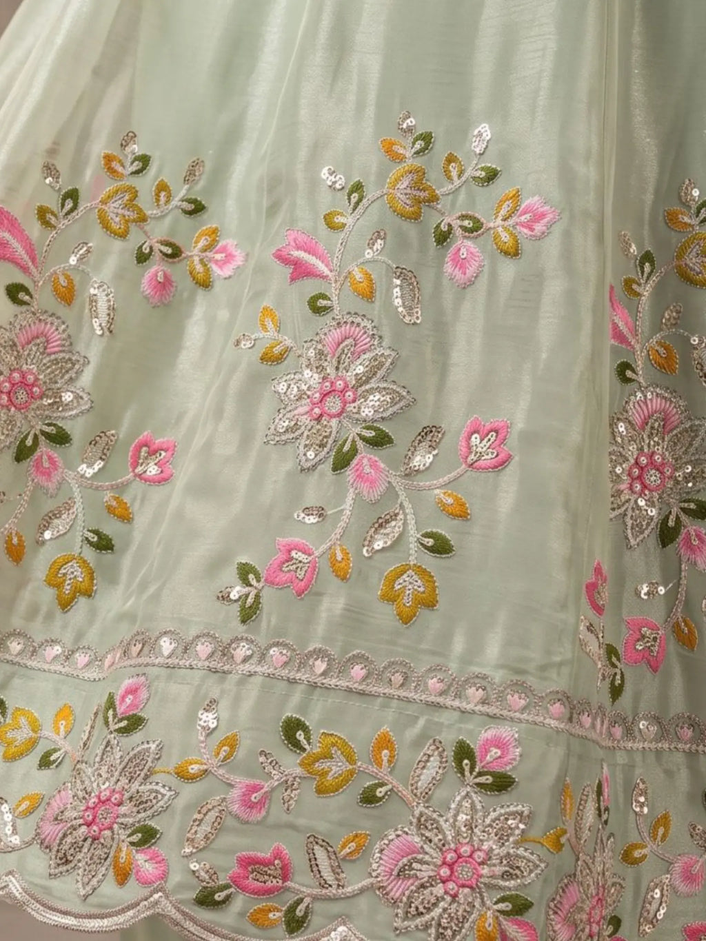 Sage Green Anarkali Pleated Skirt Flare and Scalloped Hem Detail