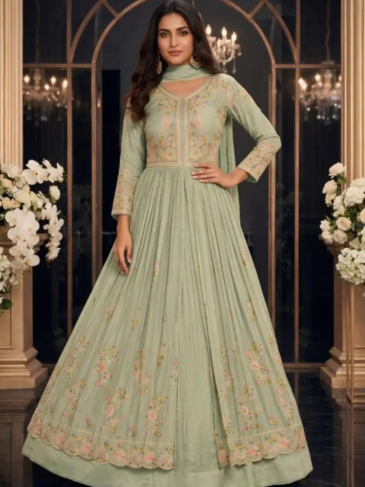 Sage Green Embroidered Chinnon Silk Anarkali Skirt Suit Set Full Front View