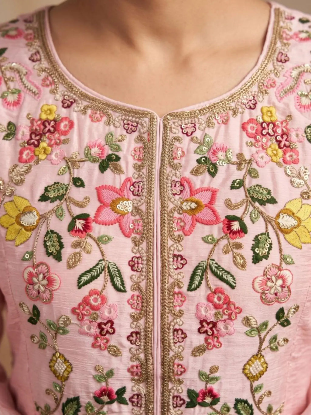 Blush Pink Embroidered Bodice and Multicolor Resham Floral Detail