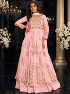 Blush Pink Embroidered Chinnon Silk Anarkali Skirt Suit Set Full Front View