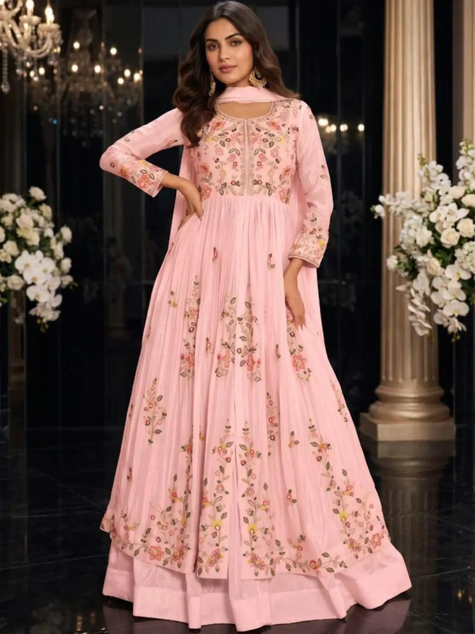 Blush Pink Embroidered Chinnon Silk Anarkali Skirt Suit Set Full Front View