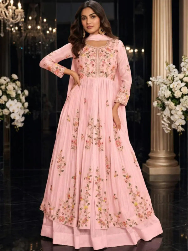 Blush Pink Embroidered Chinnon Silk Anarkali Skirt Suit Set Full Front View