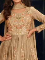 Metallic Taupe Embroidered Bodice and Floral Vine Detailing