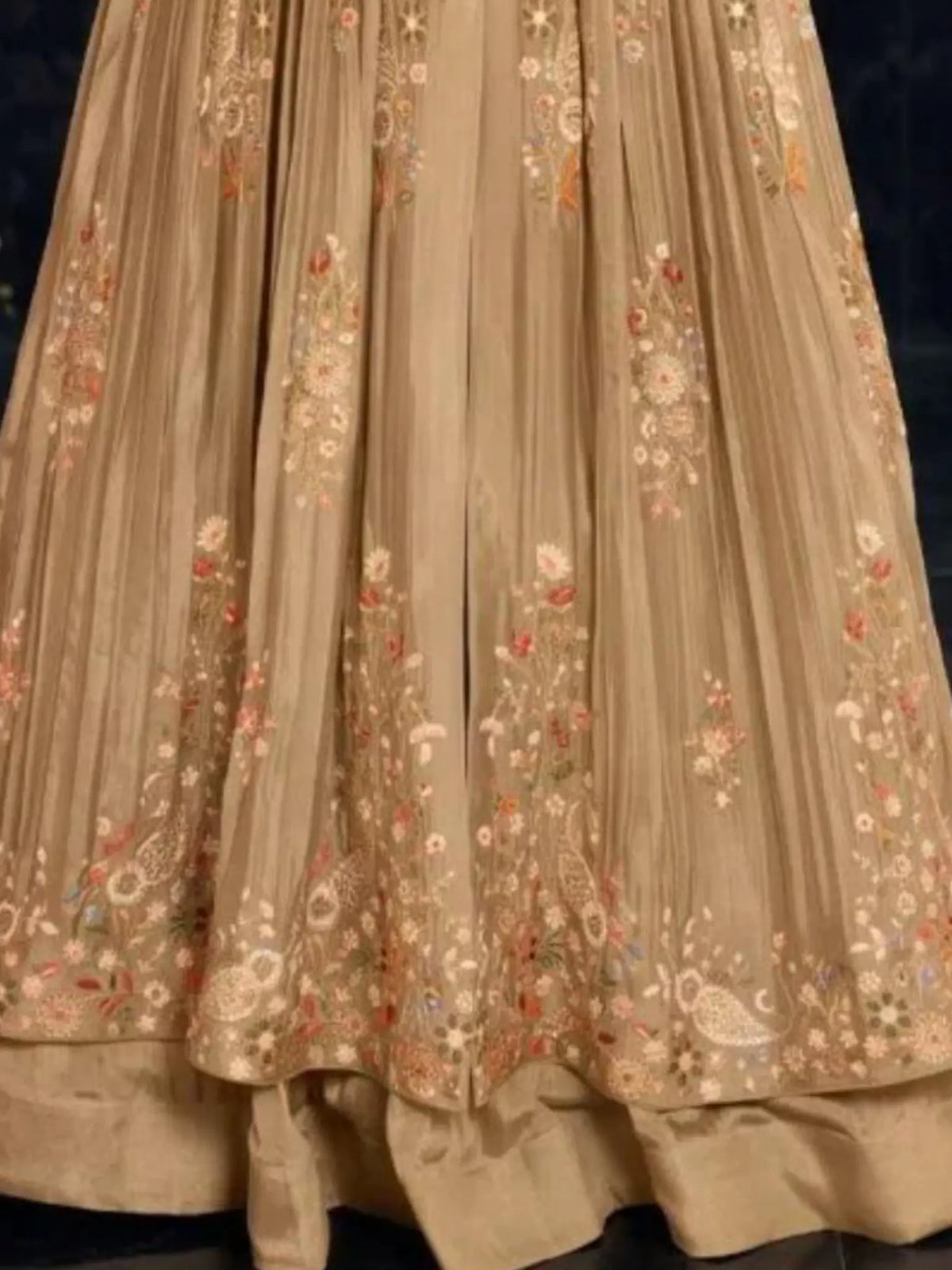 Metallic Taupe Anarkali Pleated Flare and Layered Skirt Hem Detail