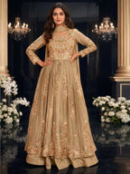 Metallic Taupe Embroidered Chinnon Silk Anarkali Skirt Suit Set Full Front View