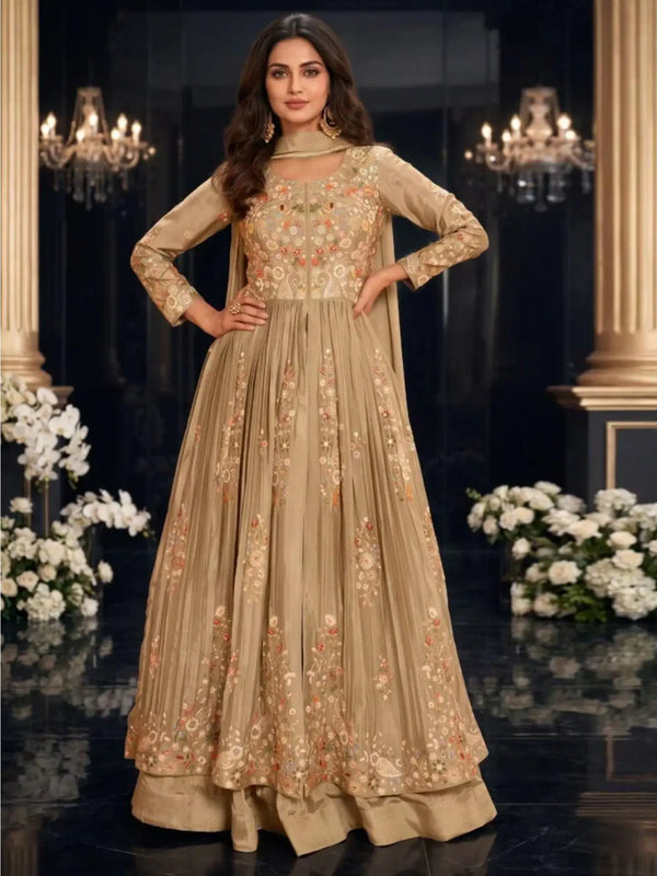Metallic Taupe Embroidered Chinnon Silk Anarkali Skirt Suit Set Full Front View