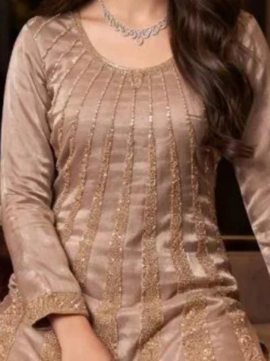Dusty Rose Mauve Silk Neckline and Radiating Panel Beadwork Detail