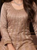 Dusty Rose Mauve Silk Neckline and Radiating Panel Beadwork Detail