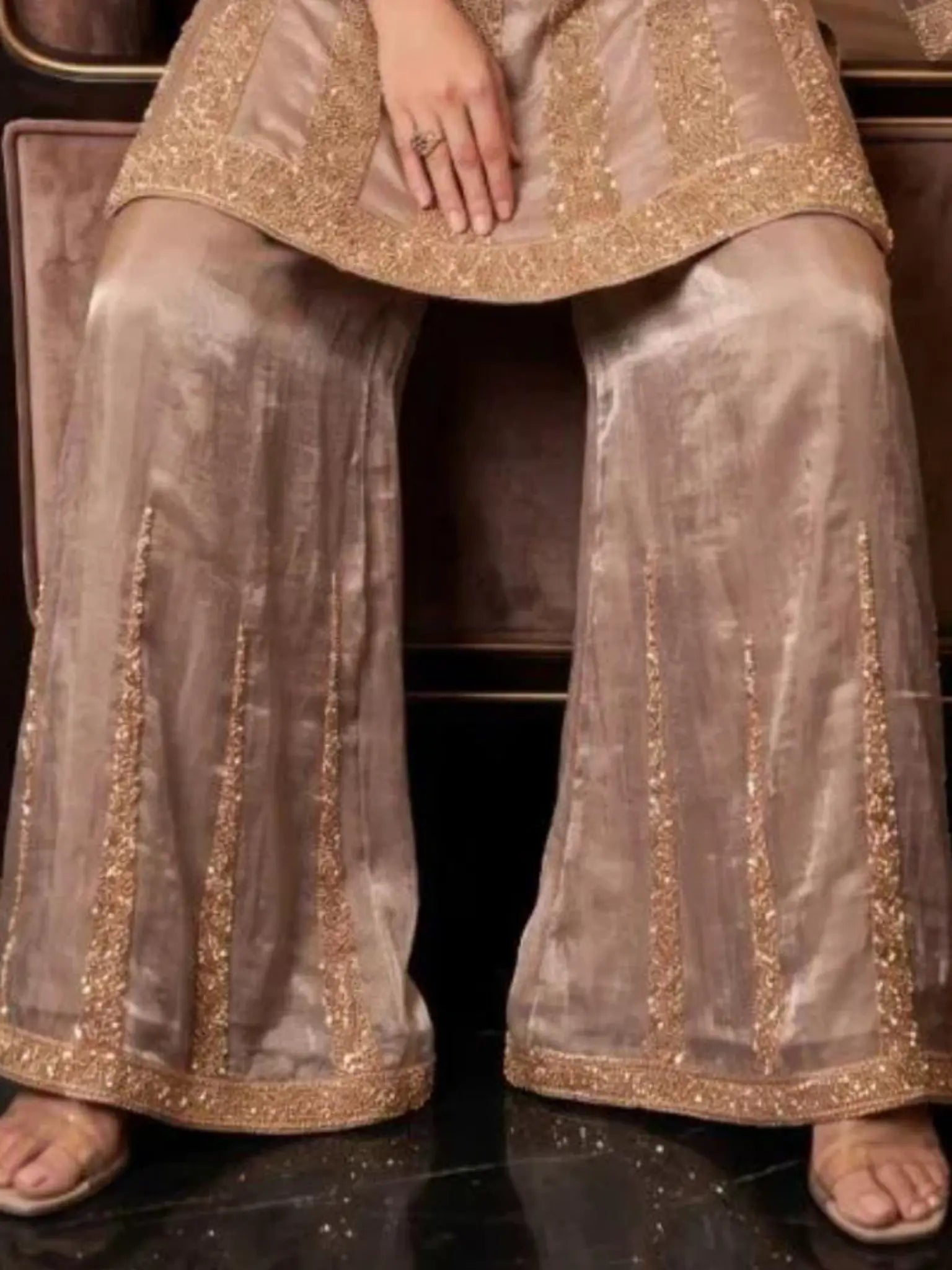 Dusty Rose Mauve Silk Kameez Daman Border and Cutdana Work Close Up