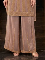 Dusty Rose Mauve Beaded Silk Palazzo Pants Silhouette and Hem Detail