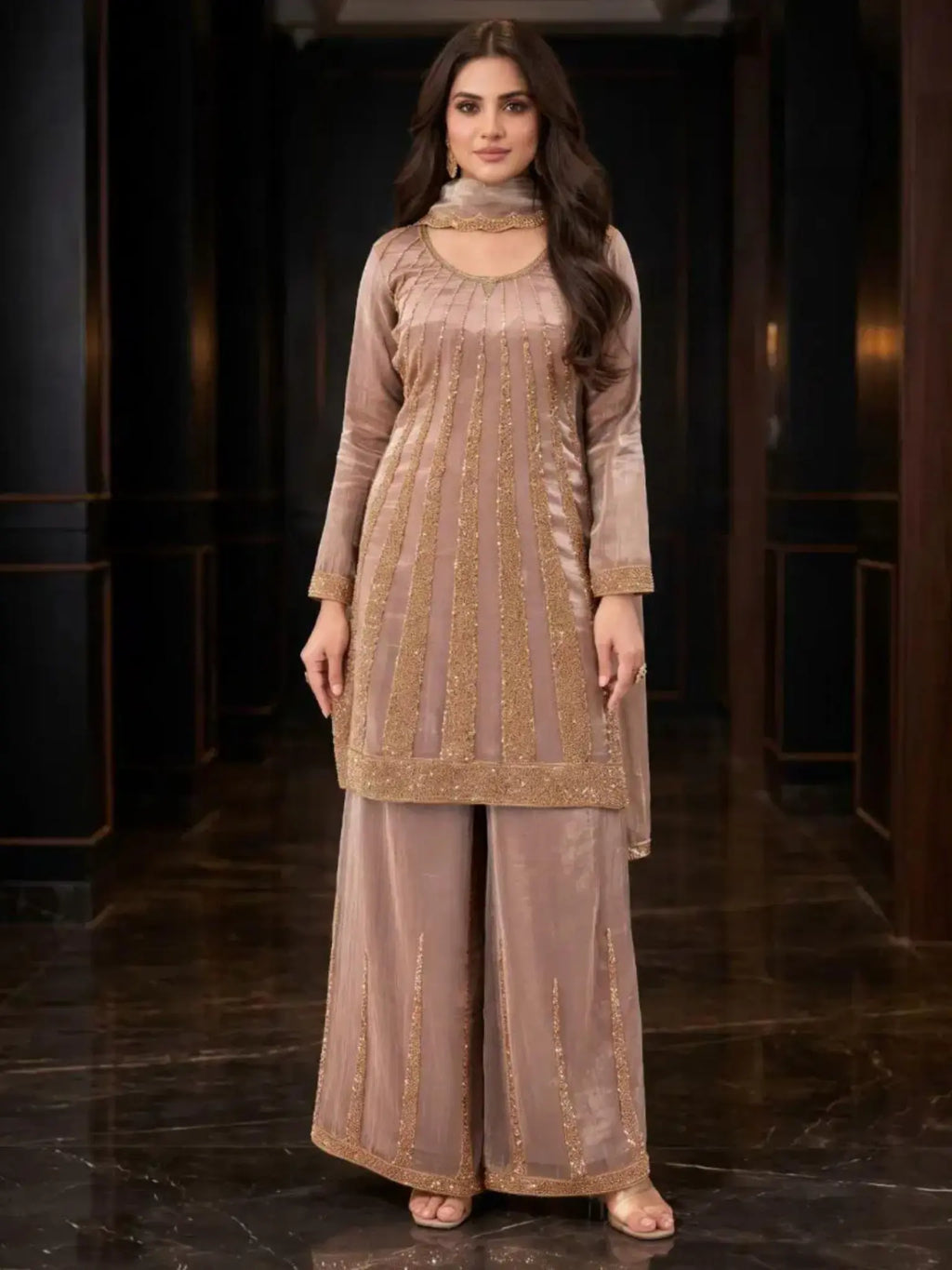 Dusty Rose Mauve Hand-Beaded Silk Palazzo Suit Set Full Front View