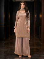 Dusty Rose Mauve Hand-Beaded Silk Palazzo Suit Set Full Front View