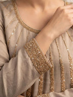 Metallic Taupe Silk Neckline Embellishment and Radiating Panel Beadwork Detail