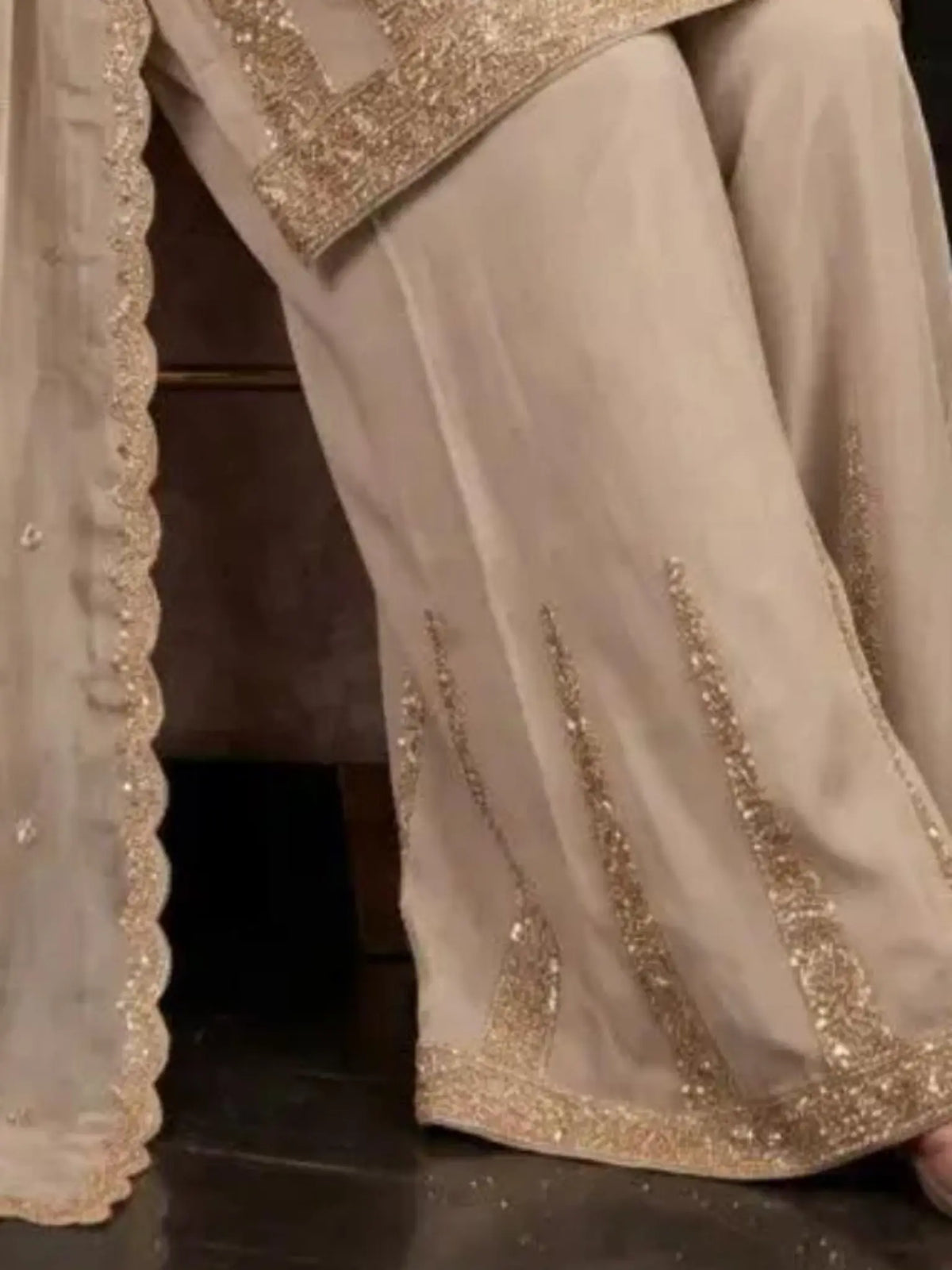 Metallic Taupe Silk Kameez Daman Border and Antique Beadwork Close Up