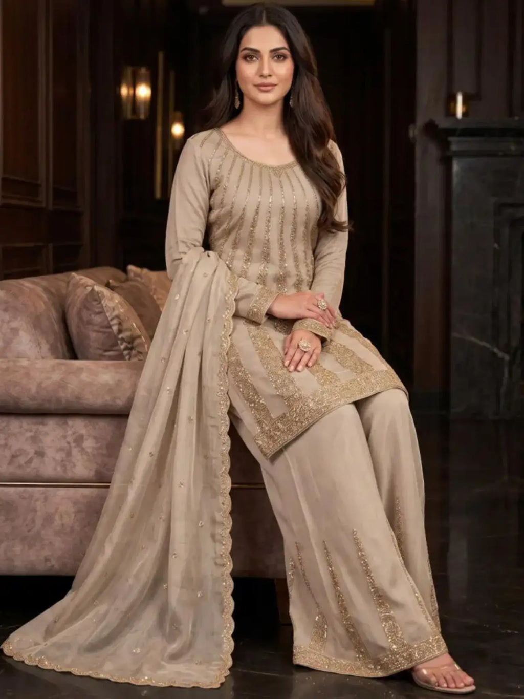 Metallic Taupe Silk Suit Full Length Silhouette and Fit