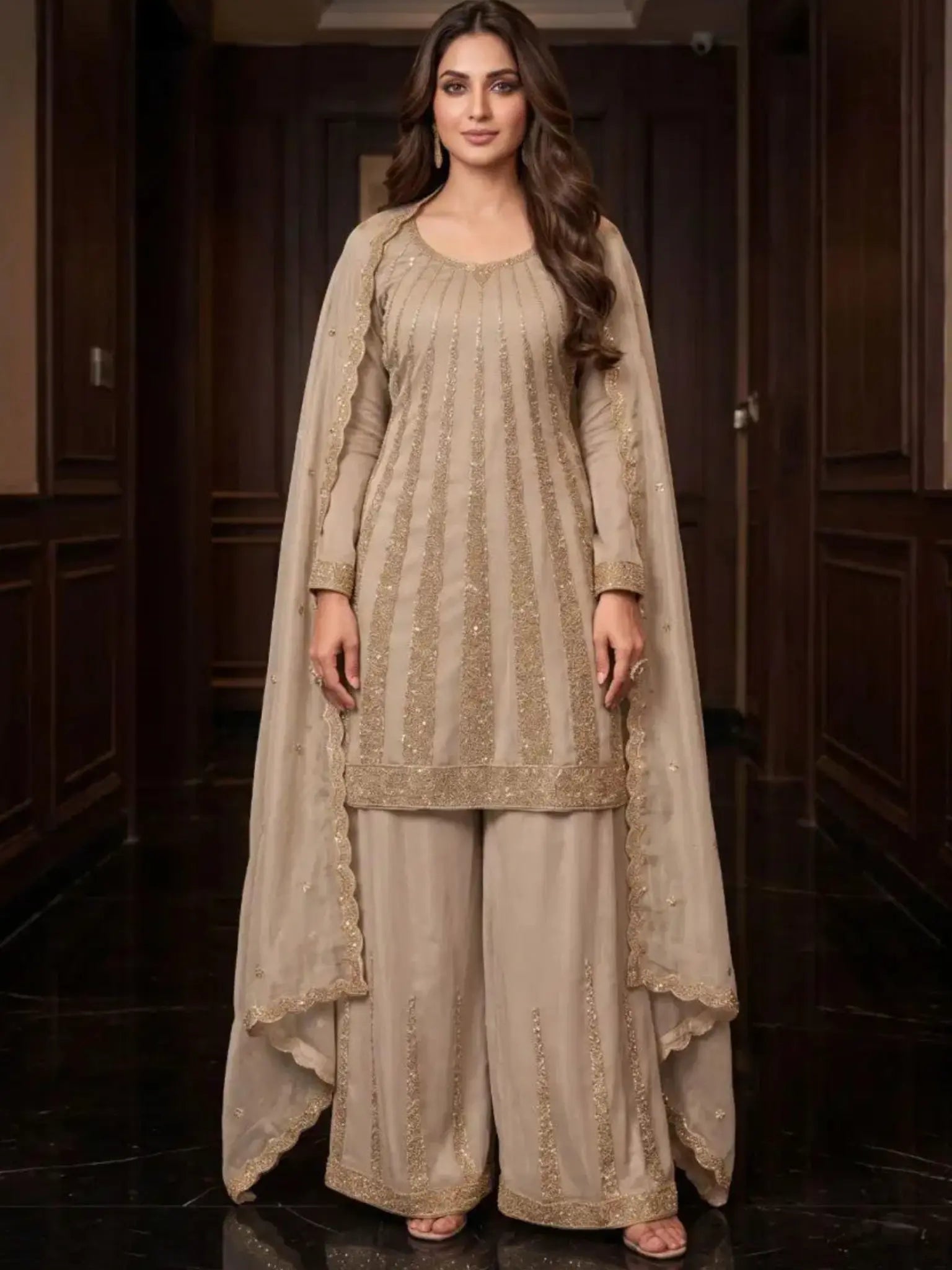 Metallic Taupe Hand-Beaded Silk Palazzo Suit Set Full Front View