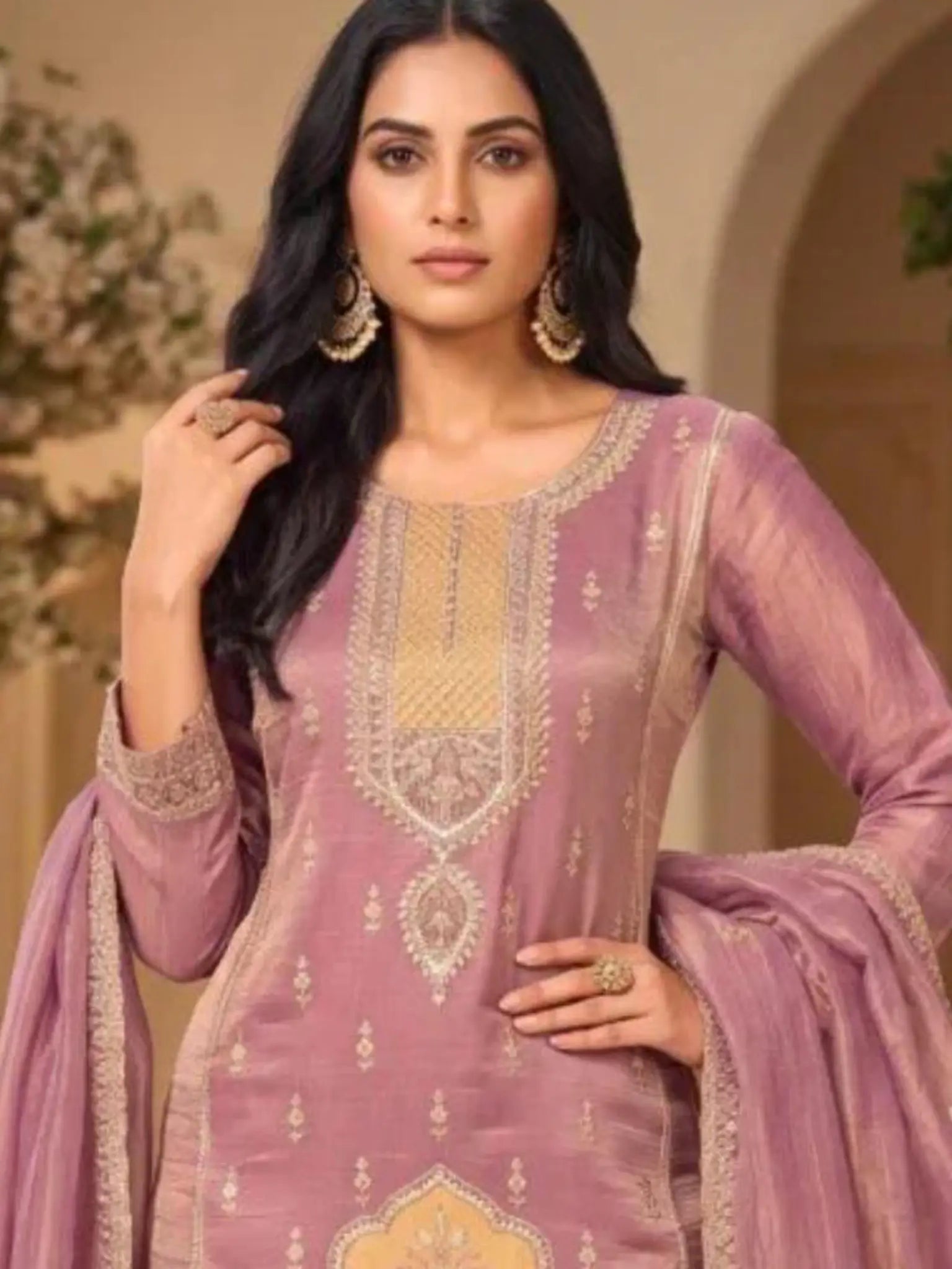 Lilac Purple Hand Embroidered Salsa Silk Palazzo Suit Set with Dupatta View 2