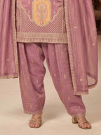 Lilac Purple Hand Embroidered Salsa Silk Palazzo Suit Set with Dupatta View 3