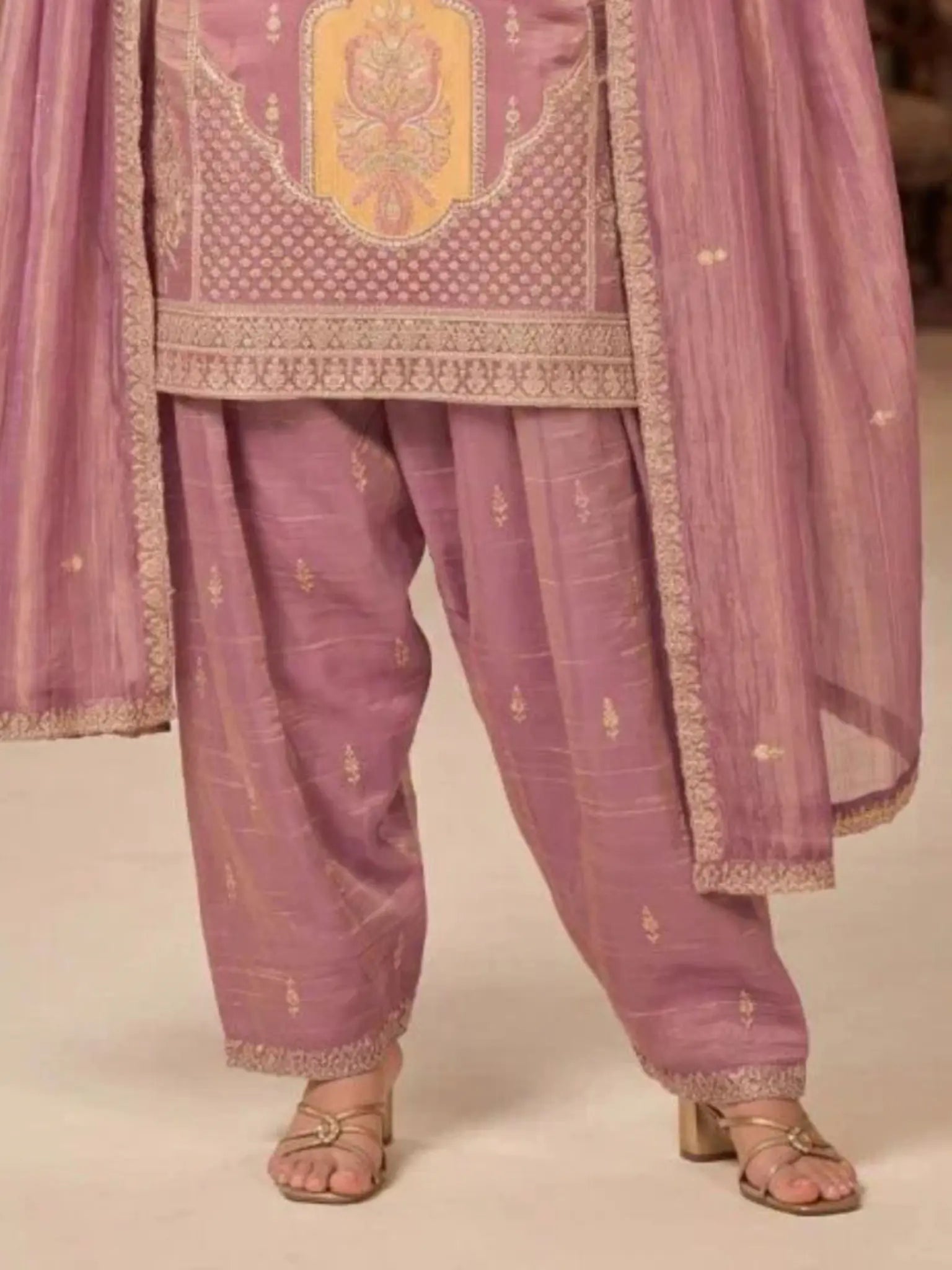 Lilac Purple Hand Embroidered Salsa Silk Palazzo Suit Set with Dupatta View 3