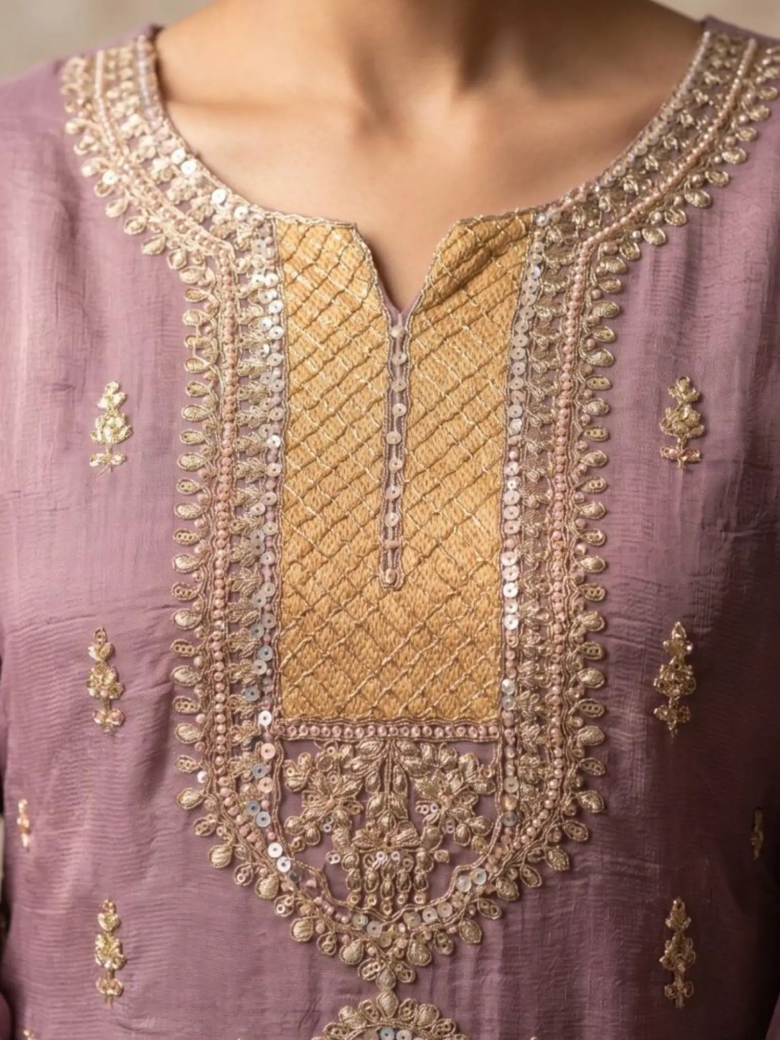 Lilac Purple Hand Embroidered Salsa Silk Palazzo Suit Set with Dupatta View 4