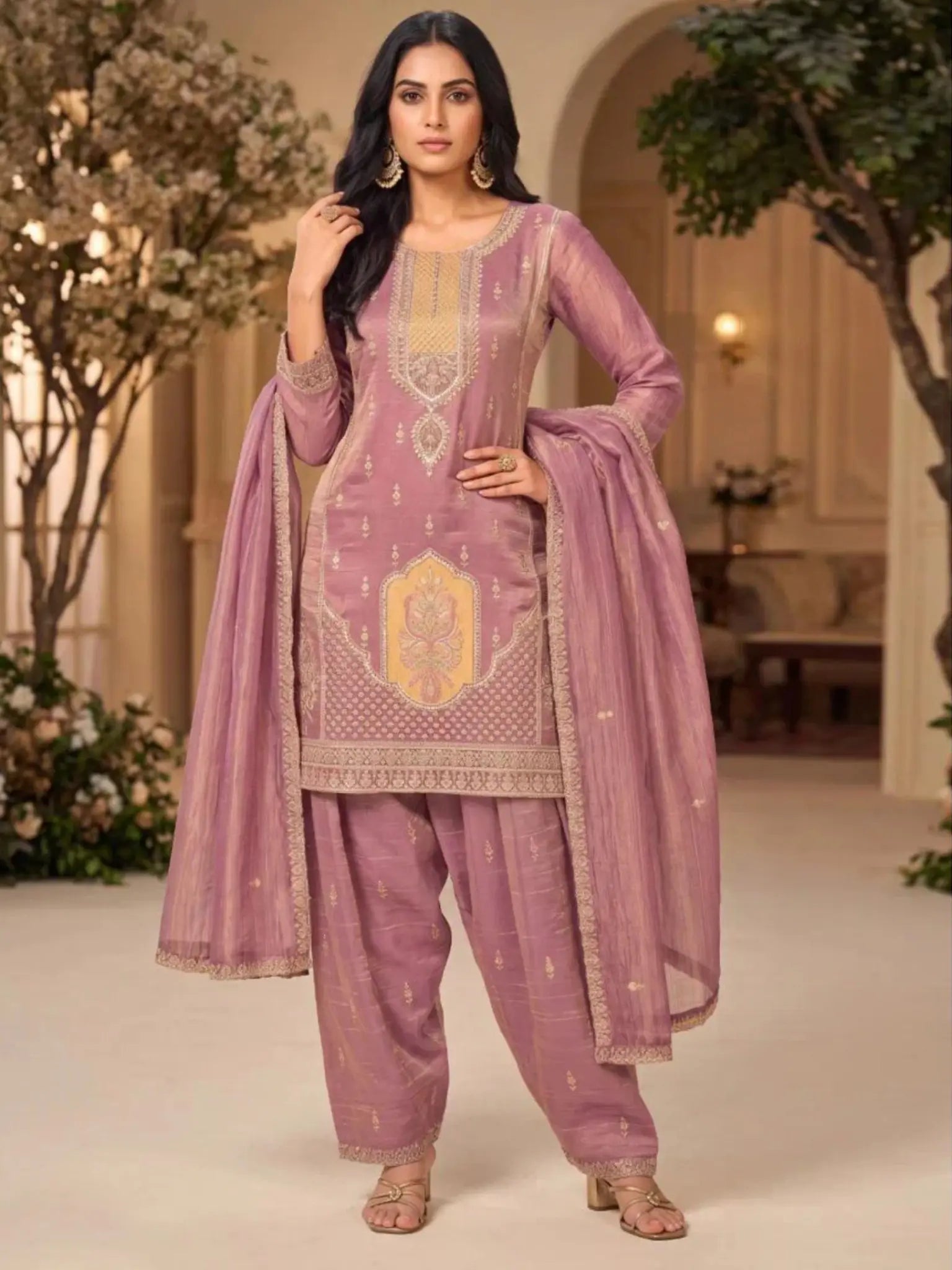 Lilac Purple Hand Embroidered Salsa Silk Palazzo Suit Set with Dupatta View 1
