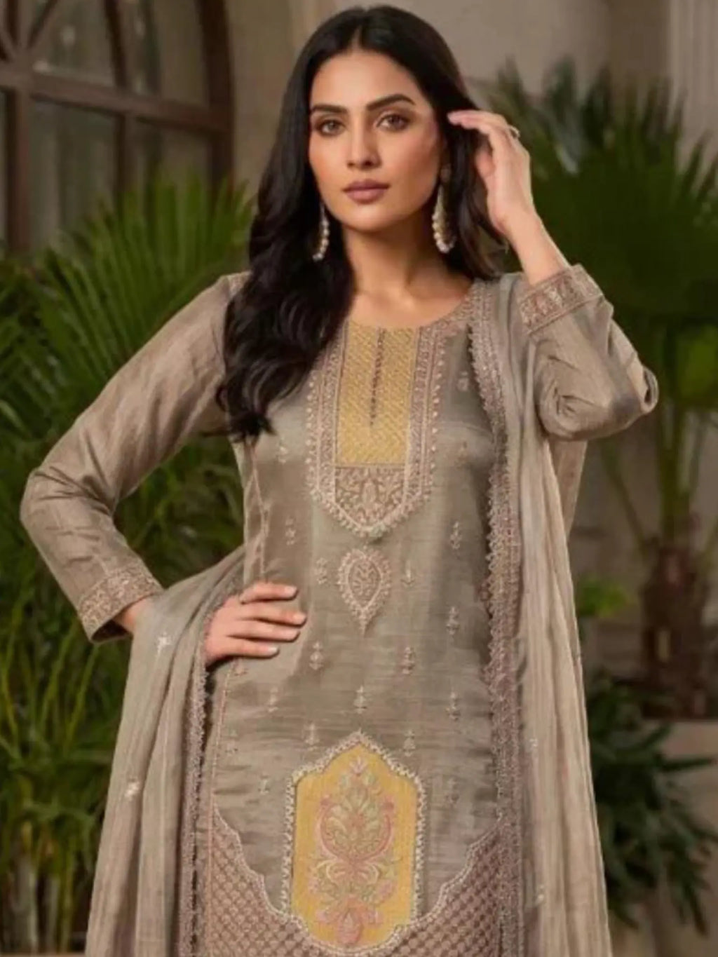 Olive Taupe Hand Embroidered Salsa Silk Palazzo Suit Set with Dupatta View 2