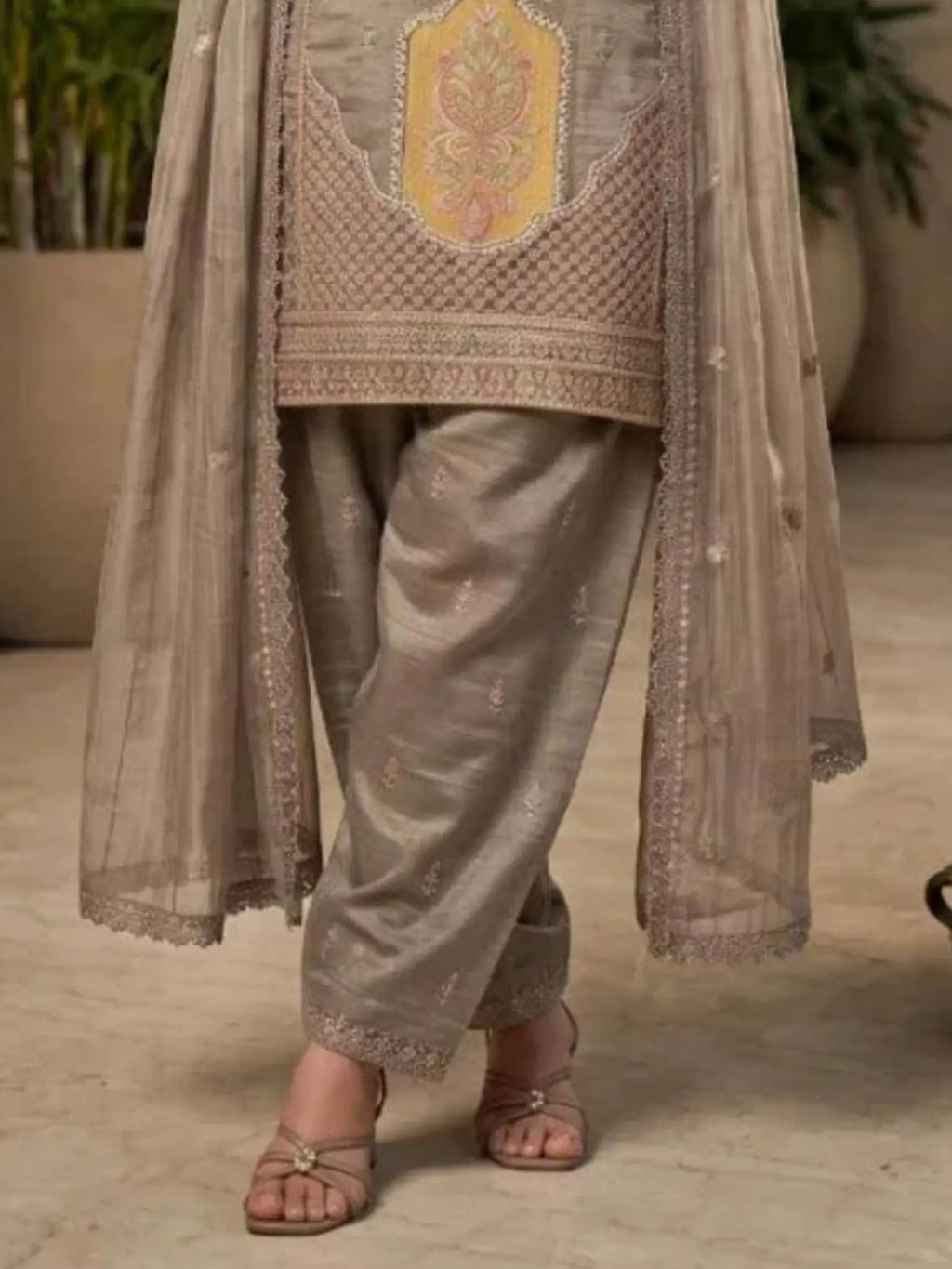 Olive Taupe Hand Embroidered Salsa Silk Palazzo Suit Set with Dupatta View 3
