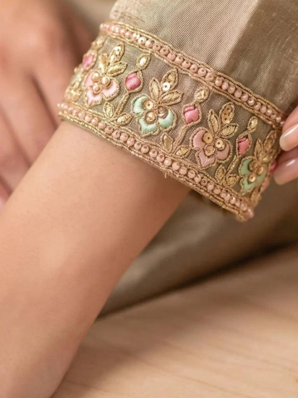 Olive Taupe Hand Embroidered Salsa Silk Palazzo Suit Set with Dupatta View 4