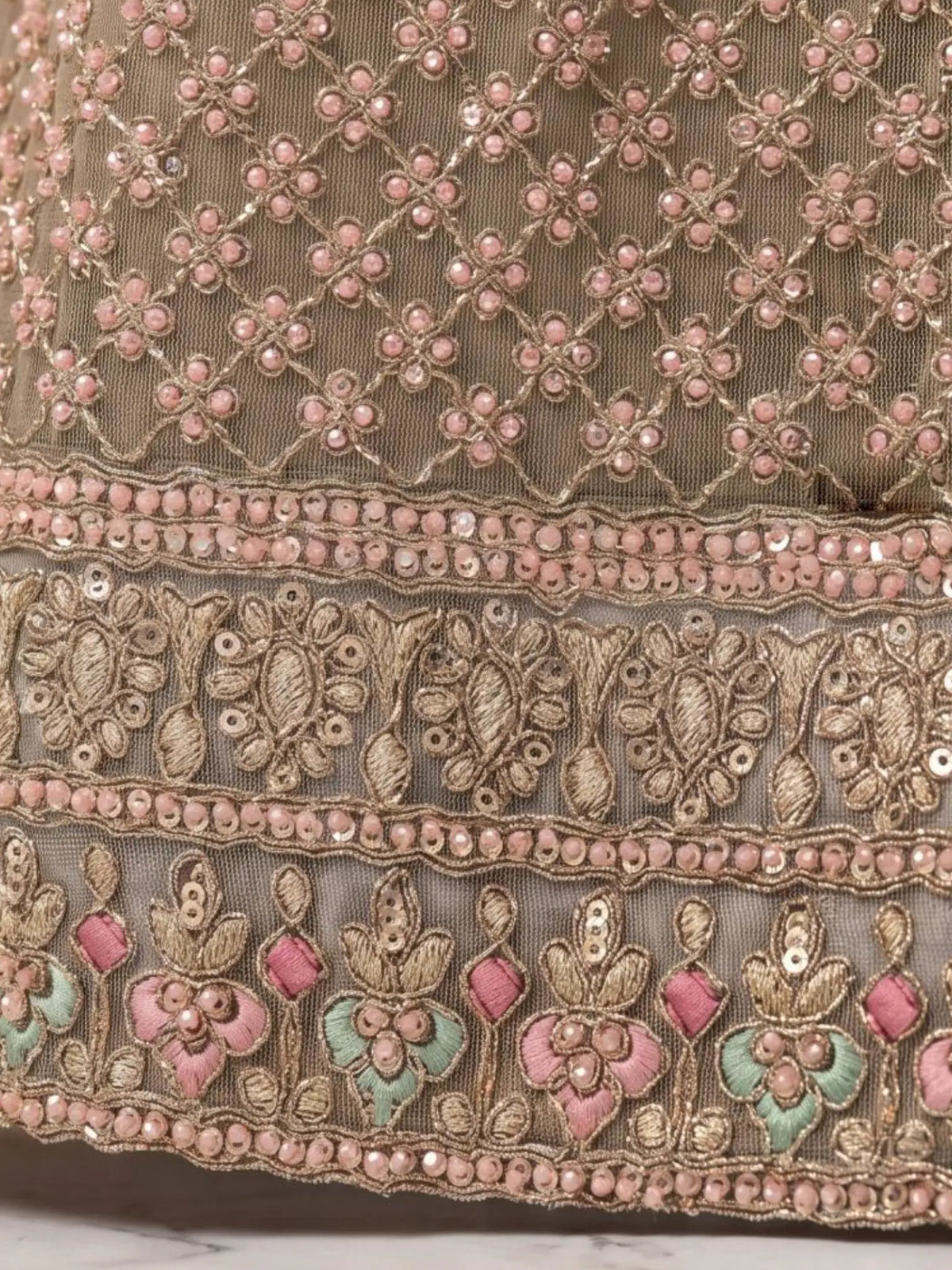 Olive Taupe Hand Embroidered Salsa Silk Palazzo Suit Set with Dupatta View 5