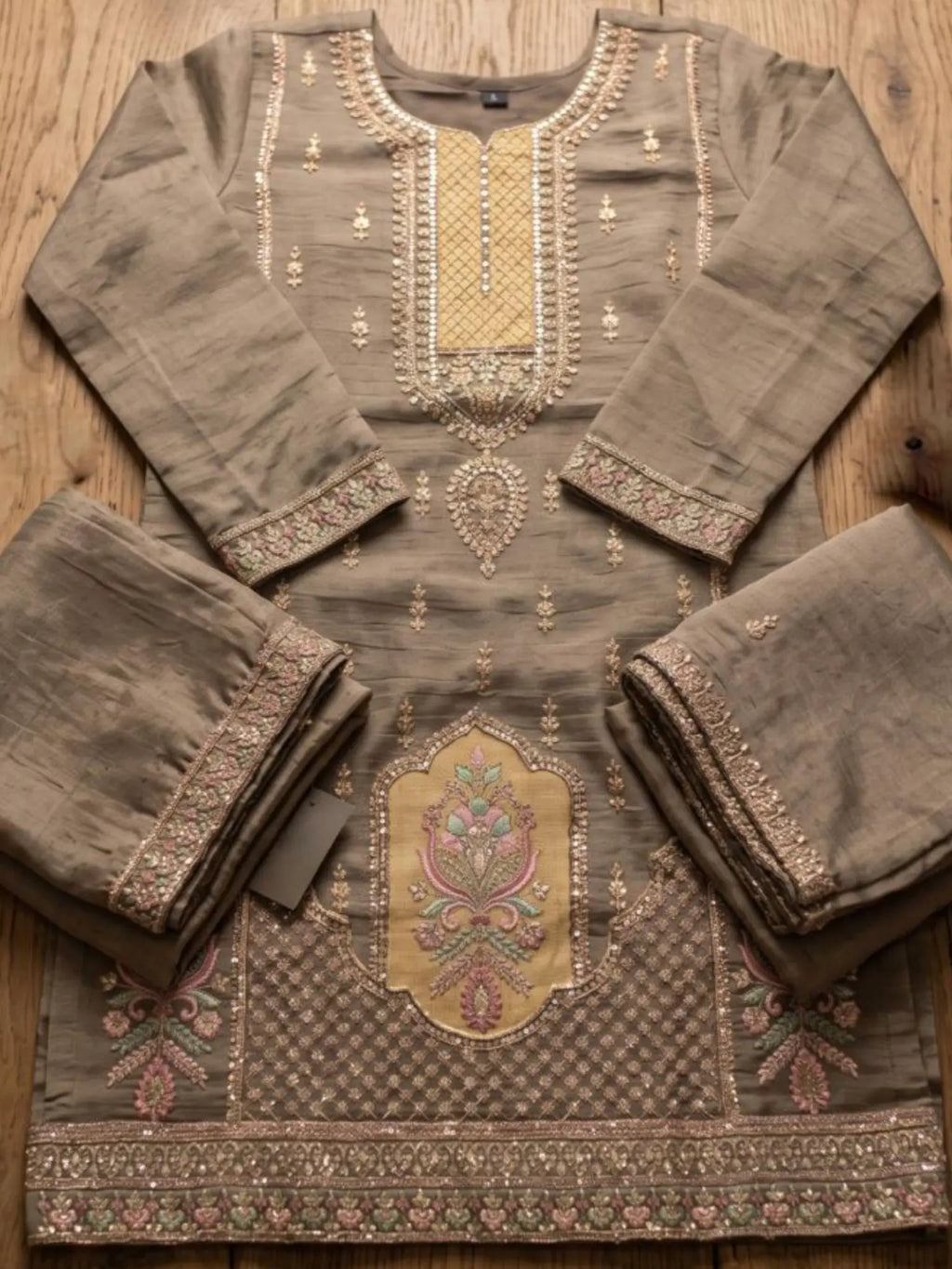 Olive Taupe Hand Embroidered Salsa Silk Palazzo Suit Set with Dupatta View 6