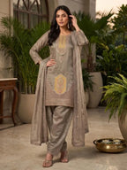 Olive Taupe Hand Embroidered Salsa Silk Palazzo Suit Set with Dupatta View 1