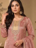 Rose Gold Pink Hand Embroidered Salsa Silk Palazzo Suit Set with Dupatta View 2