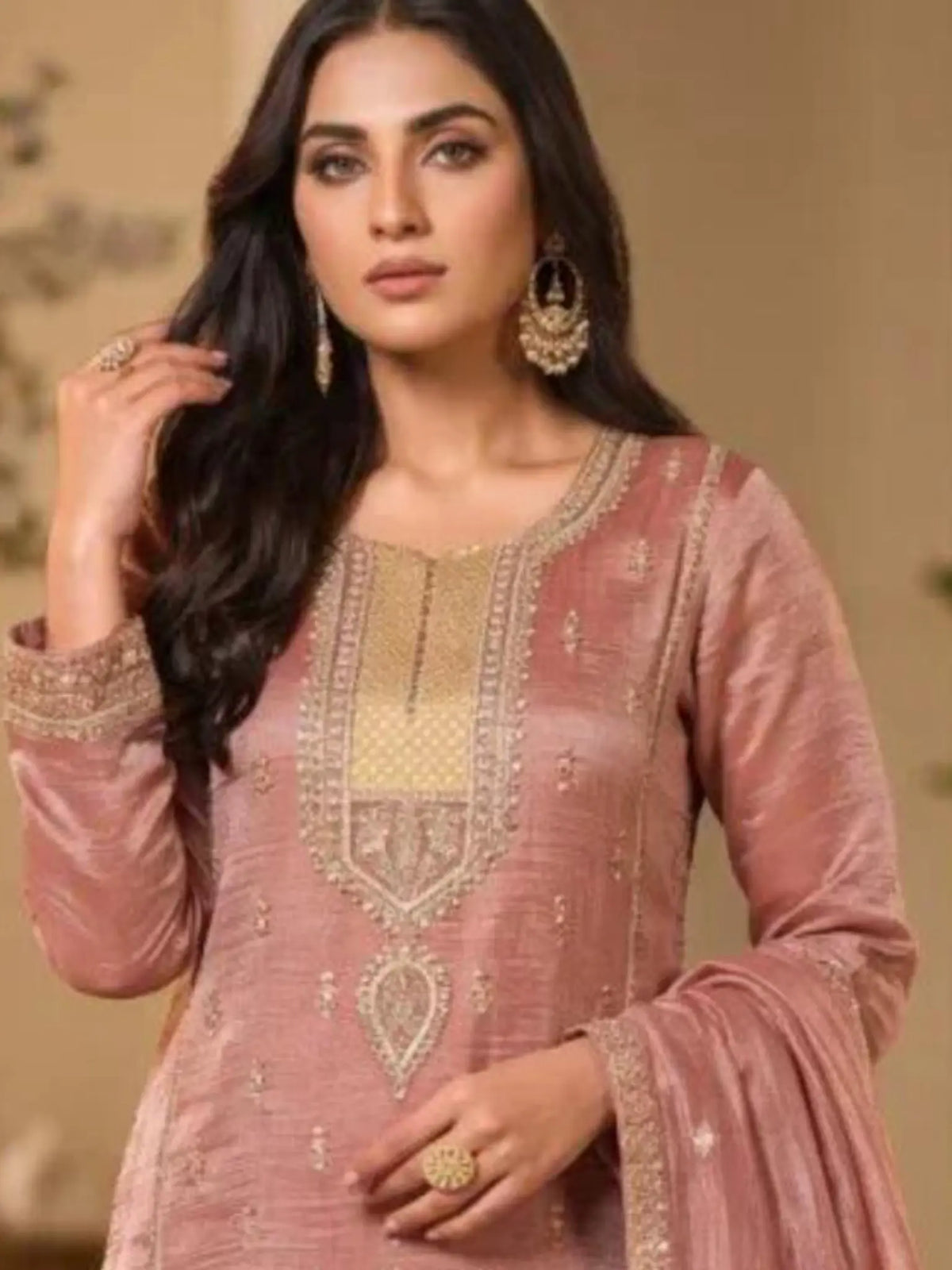 Rose Gold Pink Hand Embroidered Salsa Silk Palazzo Suit Set with Dupatta View 2
