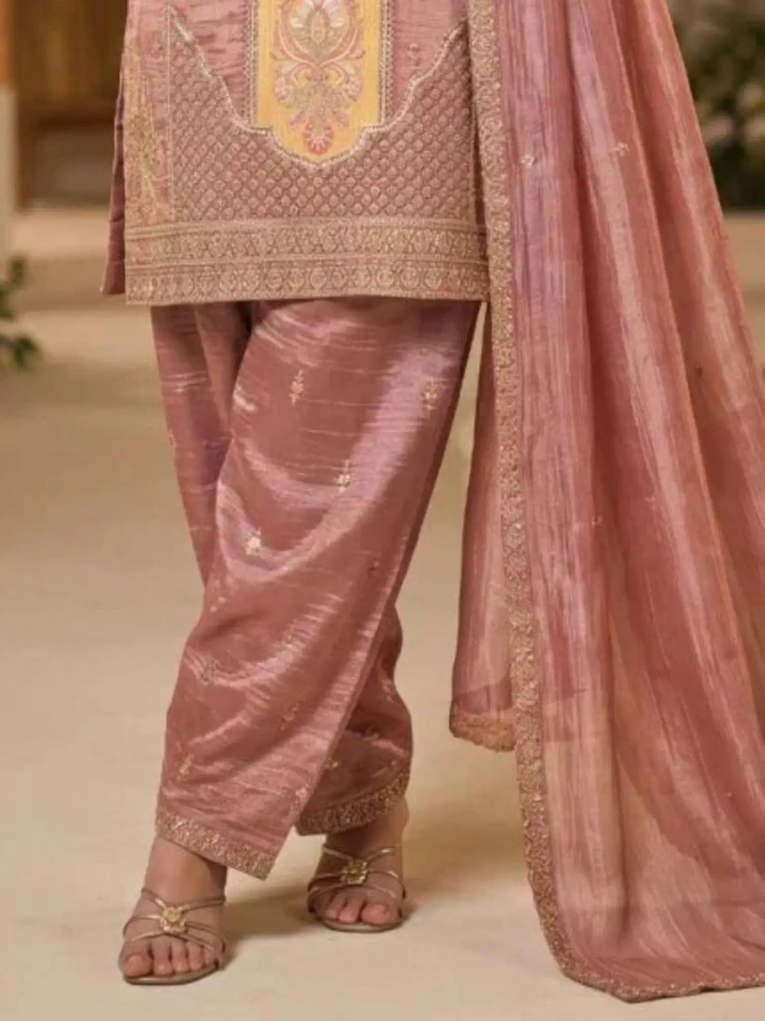 Rose Gold Pink Hand Embroidered Salsa Silk Palazzo Suit Set with Dupatta View 3